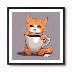 Cute Orange Kitten Loves Coffee Square Composition 25 Affiche