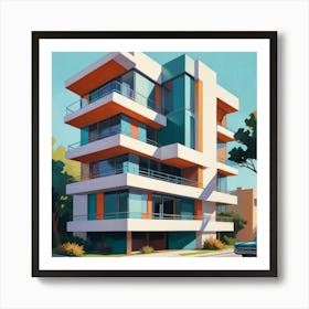 Graphic Illustration Of Mid Century Architecture With Sleek Lines And Vibrant Colors, Style Graphic Design Art Print 1 Art Print