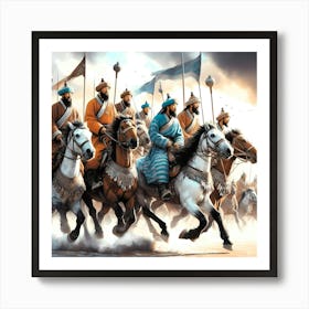 Mongolians Horse Riding Color Drawing 1 Art Print