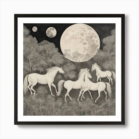 Horses In The Moonlight Art Print