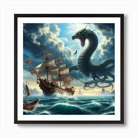 Dragon And Ship In The Sea Art Print