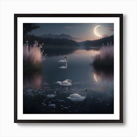 A Fabulous Moonlit Lake Surrounded Art Print