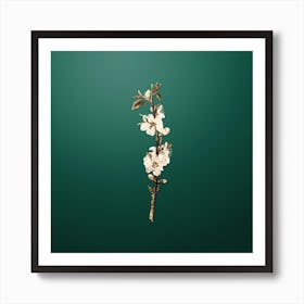 Gold Botanical Peach Flower on Dark Spring Green Art Print