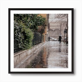 The Girl With The Umberella In The Rainy Streets Of Rome Italy Travel Square Art Print