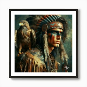 Oil Texture Young Native American Indian With Hawk 2 Art Print