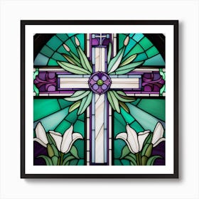 cross with lilies stained glass Art Print