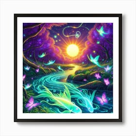 Stream With Bioluminescent Fish Butterflies Sun Spinning Wind Tree 3 Art Print