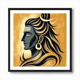 "Eternal Ascetic" - Behold the majestic depiction of Shiva, the great yogi, and destroyer of ignorance. Radiating wisdom and serenity, this portrait is set against a luminous gold canvas, symbolizing the pure consciousness that Shiva embodies. His poised profile, adorned with a crescent moon, captures his connection to the eternal cycles of time and his transcendent nature. The flowing locks and the tranquil expression are a testament to the meditative focus and spiritual mastery that Shiva represents. This artwork is an invitation to bring home the profound stillness and divine energy of one of the most revered deities in Eastern philosophy. Perfect for those who seek to infuse their environment with a sense of peace and the sublime. Art Print