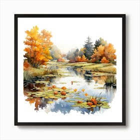 Watercolor Autumn Lily Pond Art Print