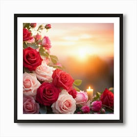 Bouquet Of Mixed Red And Pink Roses Peonies Delicately Woven Into Vines Soft Focus With Scattered (2) Art Print