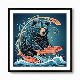 Bear fishing Salmon, Blue, Salmon and Beige Art Print