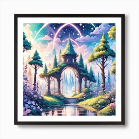 A Fantasy Forest With Twinkling Stars In Pastel Tone Square Composition 252 Art Print