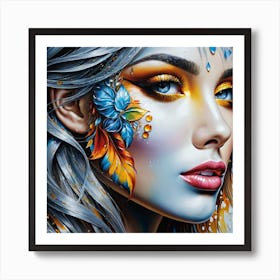 Portrait Of A Beautiful Women Face Decorated With Feather And Flower In A Detailed And Beautiful Artistic Oil Painting Art Print