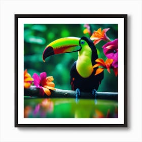 Tropical Lagoon Flowers with Green Billed Toucan Art Print