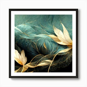 Gold Feathers on Turquoise Background Art Print