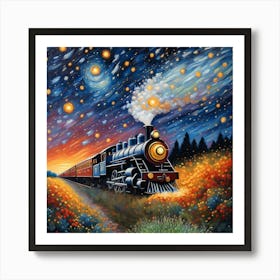 Train At Night.Starry Night Express: A Journey Through Blooming Fields in Cosmic Splendor WALL ART Art Print