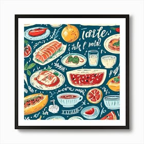 Italian Food, Food And Drink Seamless Pattern, Foodie Traveler A Delicious Pattern Featuring Iconic Dishes From Different Countries Art Print