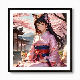 Asian Girl With Cat Art Print