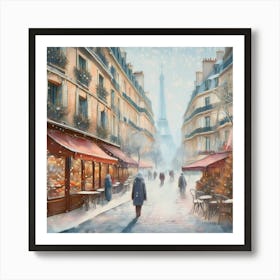 Paris cafes, winter season, Christmas, pale colors, pedestrians in the street, winter clothes, falling snow.1 2 Art Print