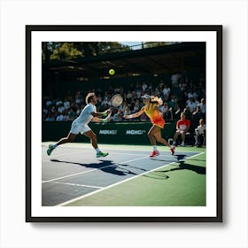 Tennis Match Captured In Mid Action Players Frozen Mid Swing With Rackets Poised To Strike Sunligh 2 1 Art Print