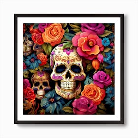 Day Of The Dead Skulls And Flowers Art Print