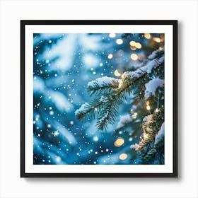 A Christmas Tree Branch Gleaming With Delicate Snowflakes In The Foreground A Merry Banner With Glo (5) Art Print