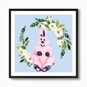 Pink Bunny And Flower Wreath Square Art Print