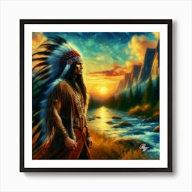 Oil Texture Native American Warrior By Stream 5 Art Print