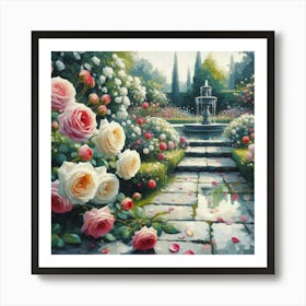 Roses In The Garden With The Fountain, Acrylic Style Painting 4 Art Print