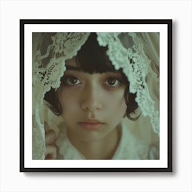 A Cinematic Still Of An A24 Film, Close Up Shot Of A Young Japanese Horror Film Heroine In Ethreal White And Lace Veil In Her Face With A Misty Background, Extremely Detailed, Conveying Emotional Expressionism, Religious Trauma, In T Art Print
