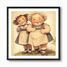 Vintage Charm Jolly Farm Girls Nostalgic Children S Art Print Art Print