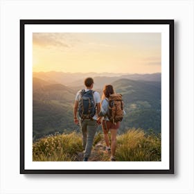 Couple Hiking Atop A Lush Hill During A Sunset Surrounded By Mountainous Landscape Embracing In A (5) Art Print