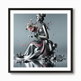 Silver Woman With Flowers Art Print
