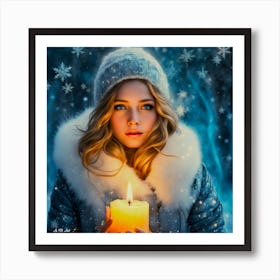 Cute Beauty In A Snow Winter Atmpospehre Holding A Candle Coloruful Painting Art Art Print
