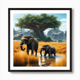 Elephant Cow And Calf Art Print