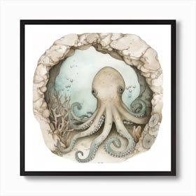 Storybook Style Octopus In A Cave 3 Art Print