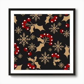 Christmas Pattern With Snowflakes Berries Art Print