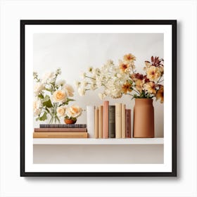 Shelf With Books And Flowers Art Print