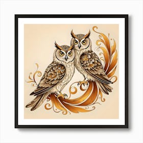 Pair of Orange, Yellow and Brown Owls Art Print