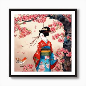 Japanese Botanical And Geisha Art Print 2 Art Print