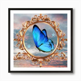 Mariposa Azul Dentro D Circulo Dorado Art Print