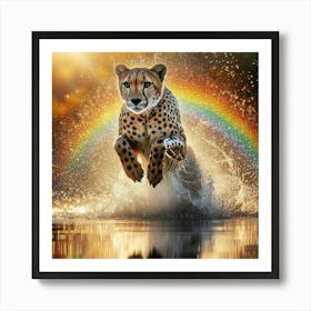 Cheetah Jumping In Water With Rainbow Art Print