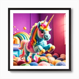 Cute rainbow bicorn In A Room full of yarn balls. Art Print