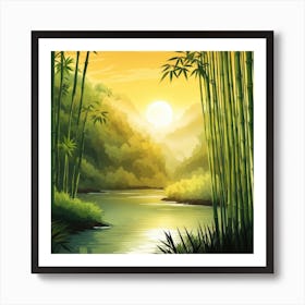 A Stream In A Bamboo Forest At Sun Rise Square Composition 17 Art Print