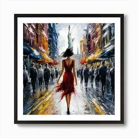 Oil Painting Sexy Woman with Statue of Liberty  Art Print