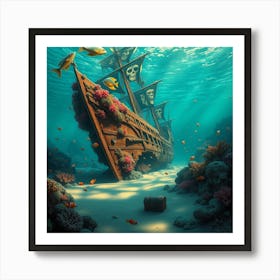 Sunken Pirate Ship In A Coral Reef Art Print