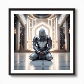 A 3d Dslr Photography Muslim Wearing Futuristic Digital Armor Suit , Praying Towards Masjid Al Haram, House Of God Award Winning Photography From The Year 8045(5) Art Print