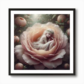 Dreaming Of Roses, A serene and ethereal image depicting a young girl, sleeping figure cradled within the soft petals of an oversized bloom. The tranquil setting is bathed in a gentle, diffused light, evoking a sense of peacefulness amidst a garden of blossoming flowers. classic art Art Print