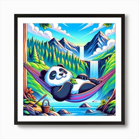 A lazy panda chilling in a hammock on top of a mountain Art Print