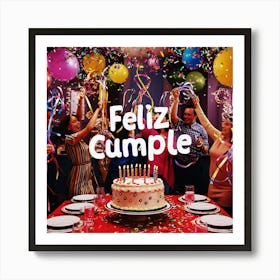 Feliz cumple and Feliz cumpleaños sign means Happy Birthday in Spanish language, Birthday party celebration gift with birthday cake candle colorful balloons best congratulation over light backgroundFiesta Cumple 4 Art Print